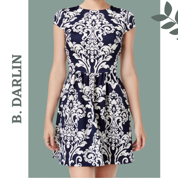 B Darlin Dresses & Skirts - B Darlin Short Sleeve Fit and Flare Blue White Filigree Print Dress Size 2
